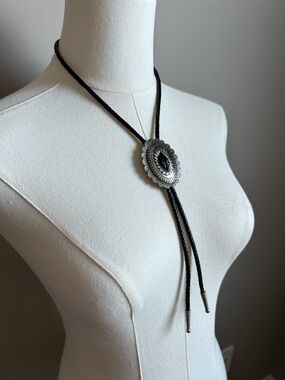 Western cowgirl Black Bolo Tie Necklace with Silver Concho rodeo stampede